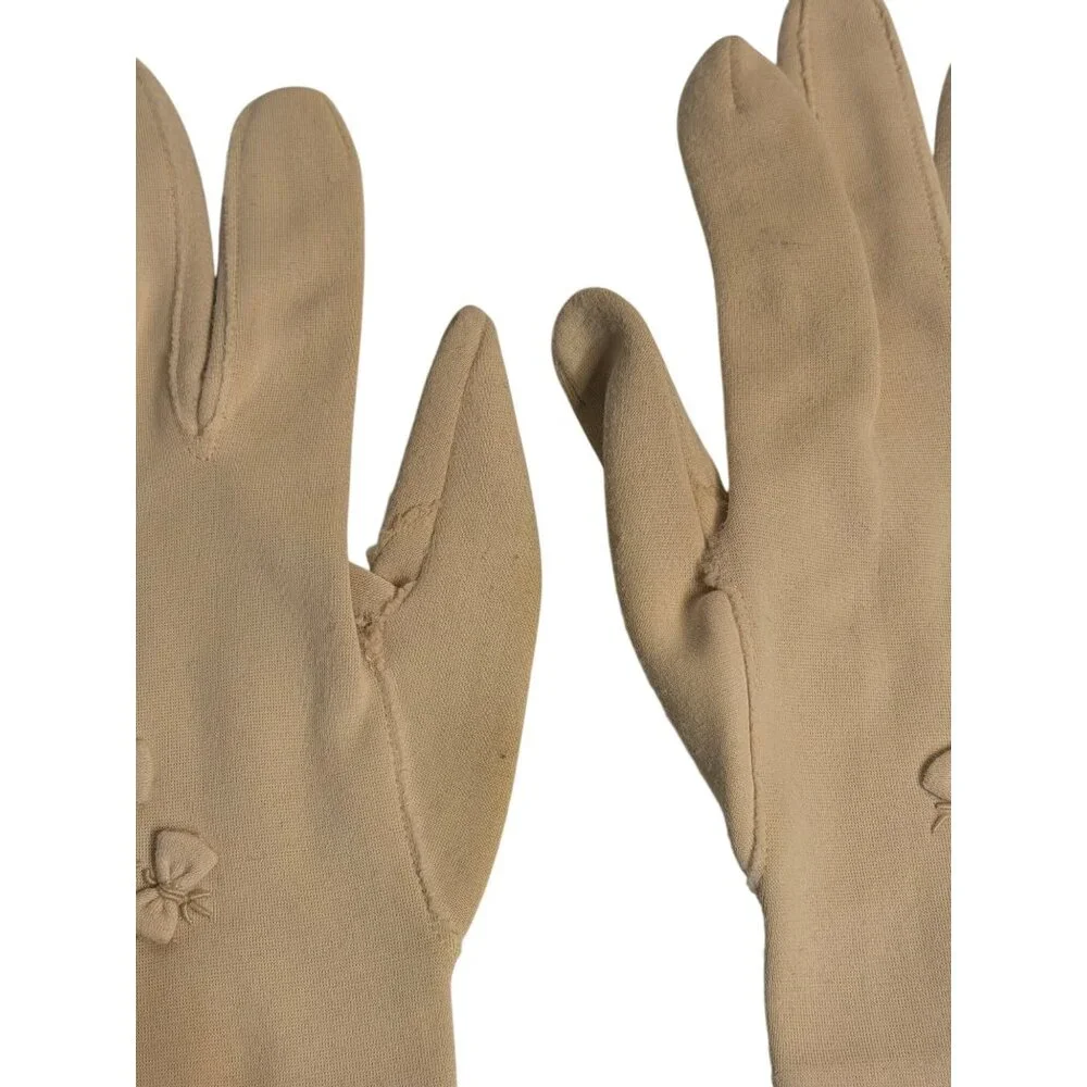 VTG 60s Cappuccino Coffee Nylon Wrist Gloves Embroidered Ribbon Bow Detail Women